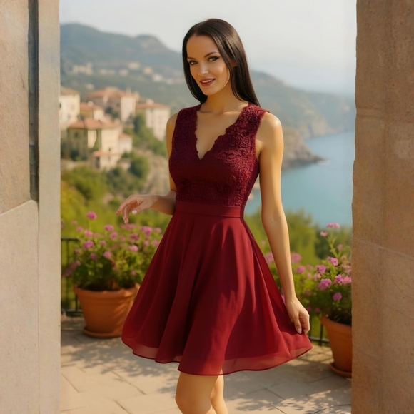 Lulus Dresses & Skirts - Lulus ✦ Burgundy Lace Skater Dress ✦ Crocheted Bodice w/ Chiffon Open-Back Skirt